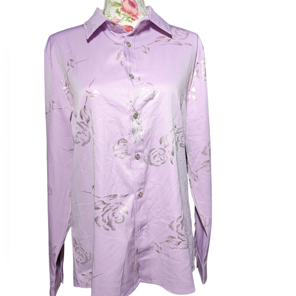 Lavender hipster button down with gold 3D roses size Men's medium - Picture 4 of 11